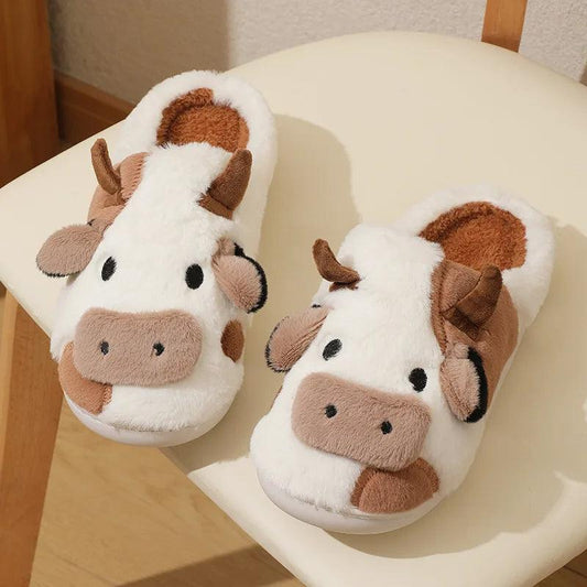 Cartoon Cow Plush Slides Warm And Soft For Indoor Comfort